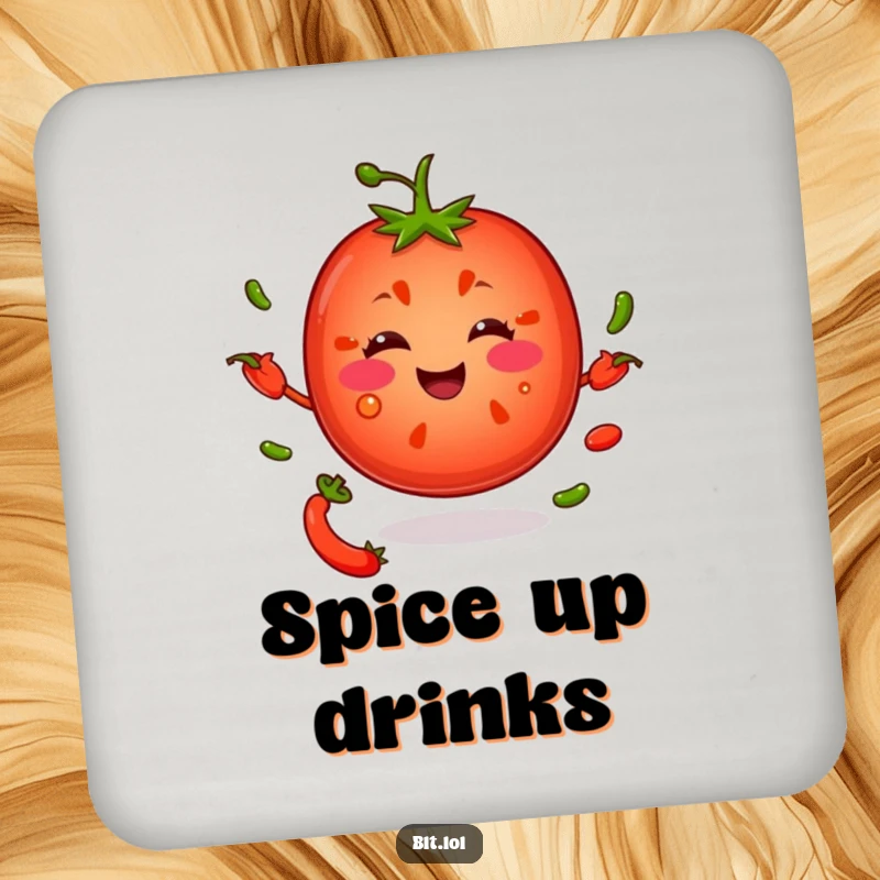 Funny smiling tomato slice juggling pepper seeds, designed on protective drink coasters for a humorous touch.