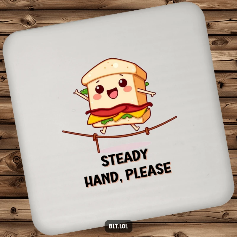 Funny drink coaster featuring a BLT sandwich performing a tightrope act, protecting surfaces with humor and daring.