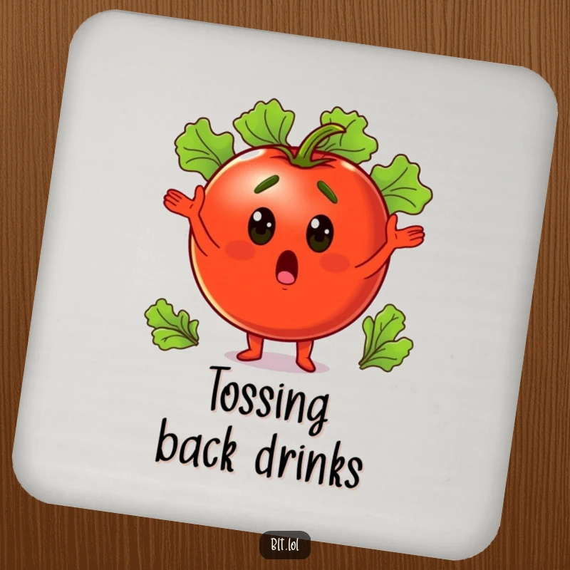 Funny surprised tomato juggling lettuce leaves, protecting a drink, these coasters add veggie humor to any surface.