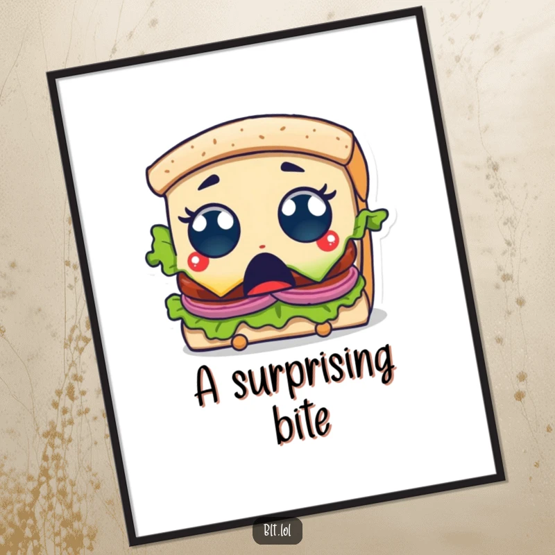 Funny Poster illustrating a BLT sandwich character with wide, shocked eyes as a bite is taken, capturing a moment of surprise.