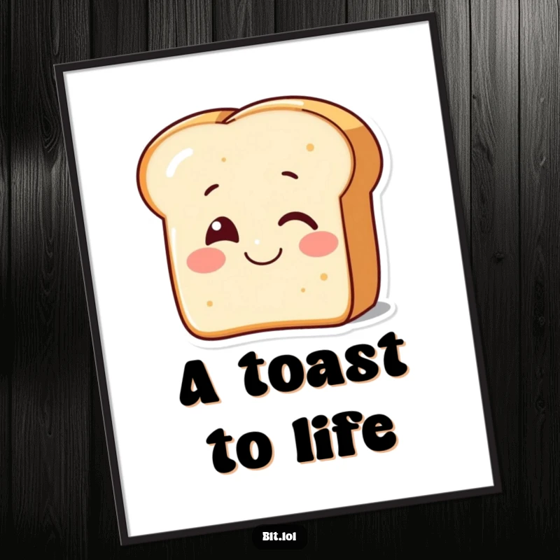 Funny smiling piece of bread winking on a poster, bringing cute charm and humor to wall art for a funny gift.