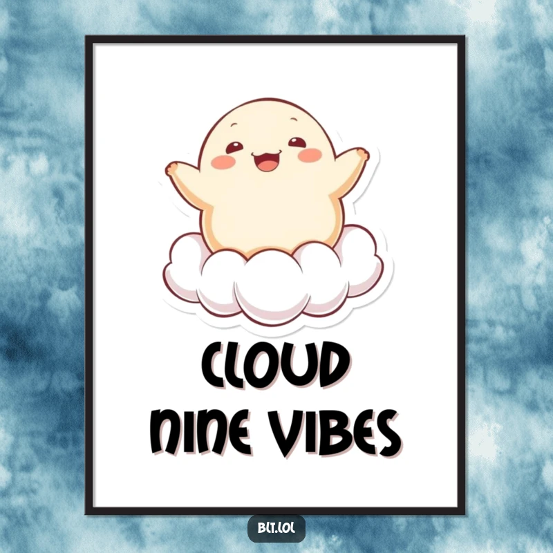 Funny cheerful Kawaii dumpling character bouncing on a cloud, presented as uplifting wall art, perfect for any room.