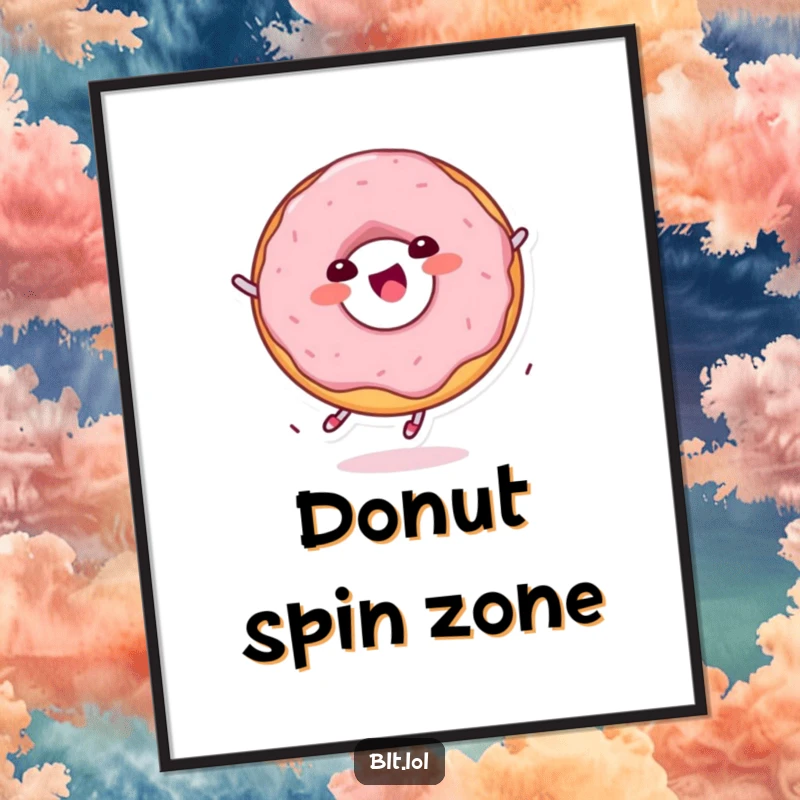 Funny delighted Kawaii donut character spinning, presented as fun wall art, perfect for kitchens or cafes.
