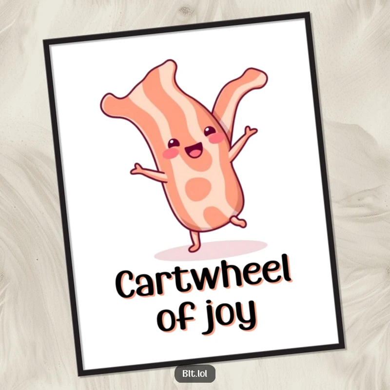 Funny bacon strip poster showing a cheerful strip doing a cartwheel, bringing energetic and humorous breakfast vibes.