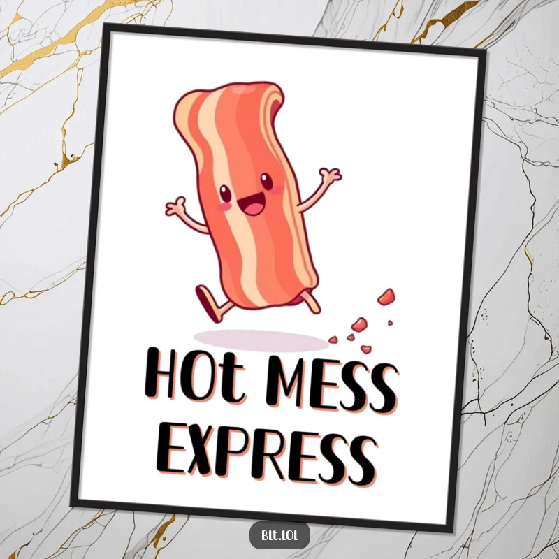 Funny poster of an energetic anthropomorphic bacon strip doing a cartwheel and leaving crumbs, adding fun foodie vibes.