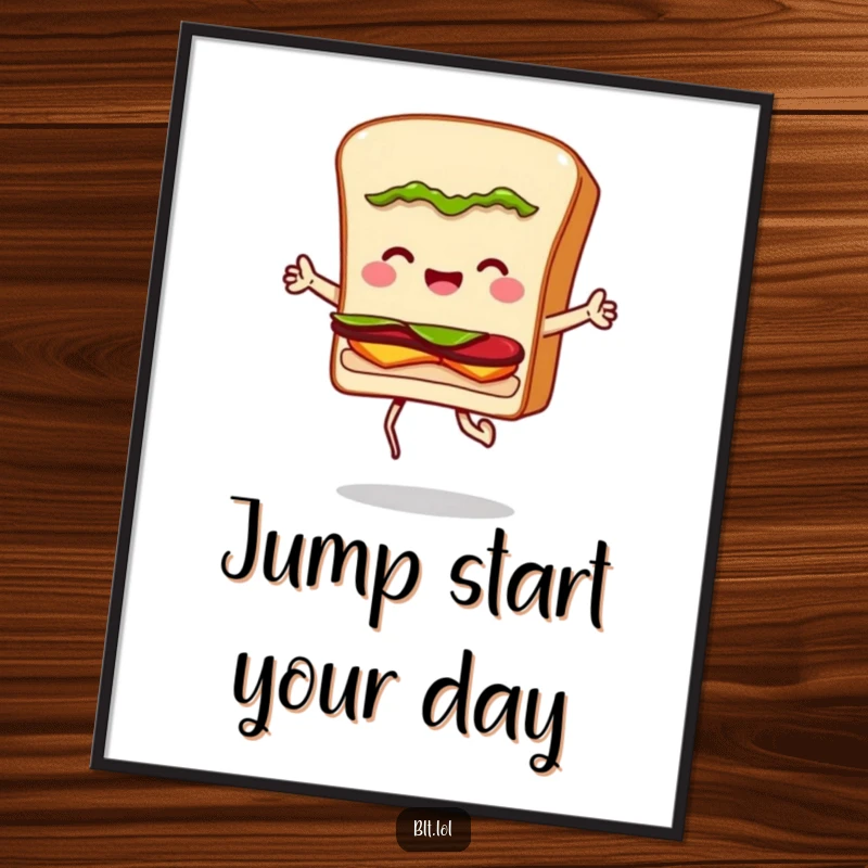 Funny poster displaying a BLT sandwich character jumping rope with infectious enthusiasm, radiating positivity and fun.
