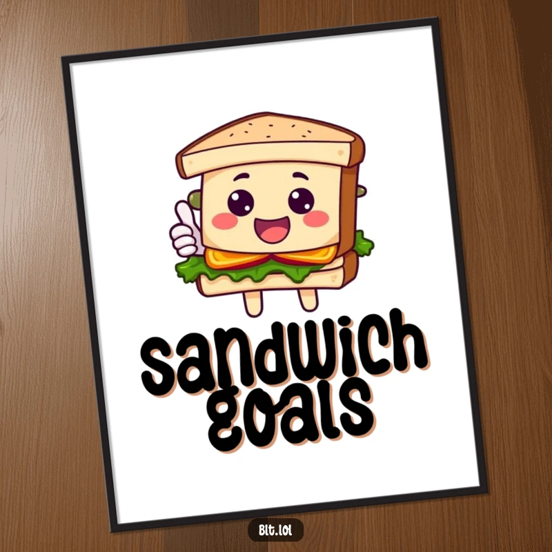 Funny Poster depicting a happy BLT sandwich character giving a cheerful thumbs up, celebrating sandwich goodness and positivity.