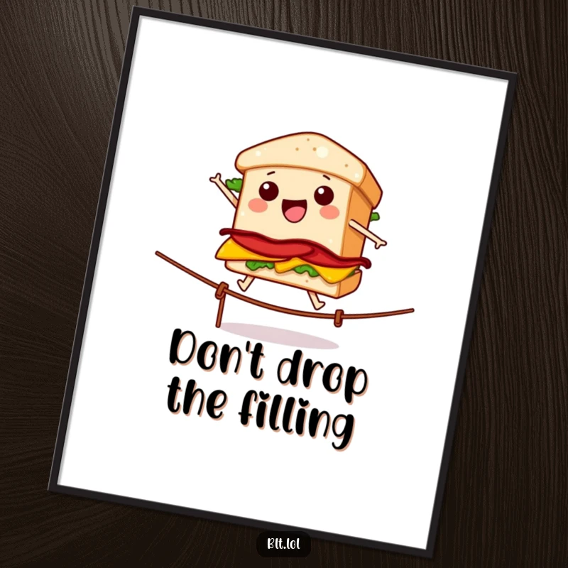 Funny poster showcasing a BLT sandwich masterfully walking a tightrope, bringing a humorous and artistic food theme home.