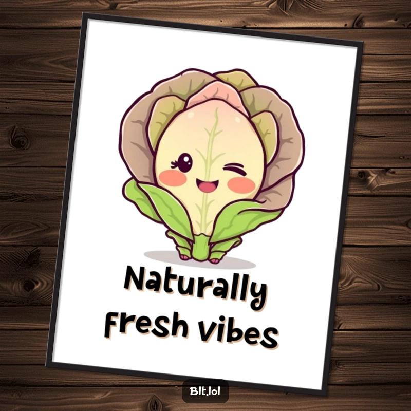 Funny Poster displaying a blushing lettuce character winking shyly, a whimsical and humorous vegetable artwork.