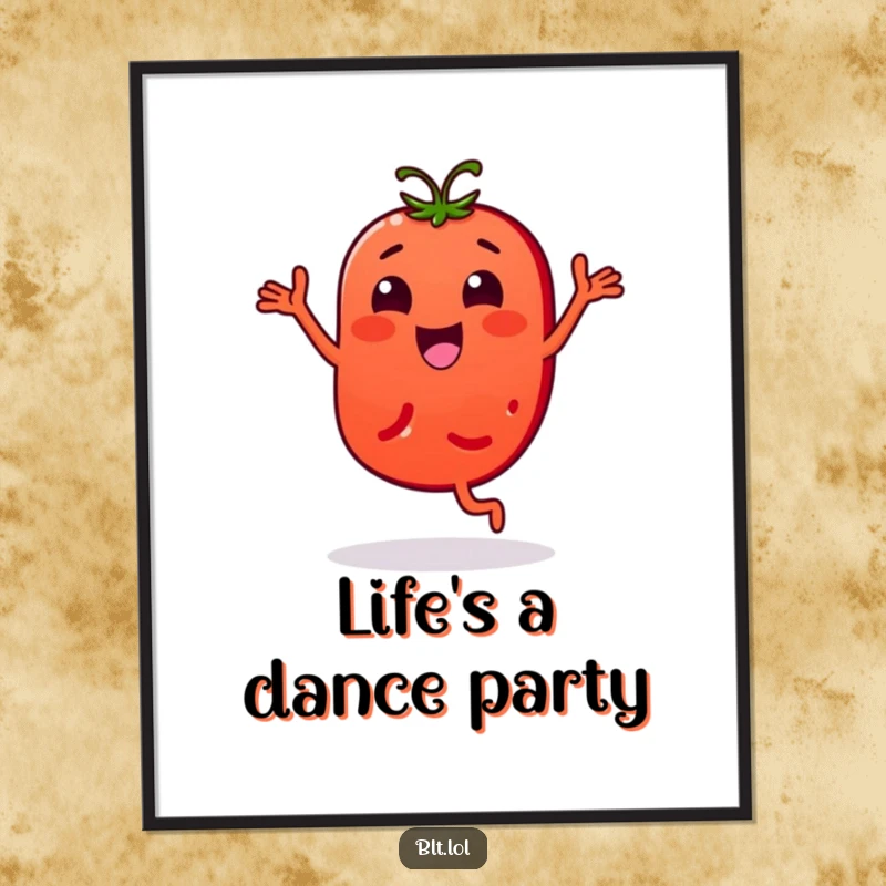 Funny Poster: A tomato slice character caught in a lively bouncy dance. Perfect funny wall art.