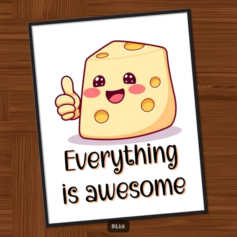 Funny poster featuring a beaming cheese slice giving a thumbs up, bringing positive and cheesy vibes to any room.
