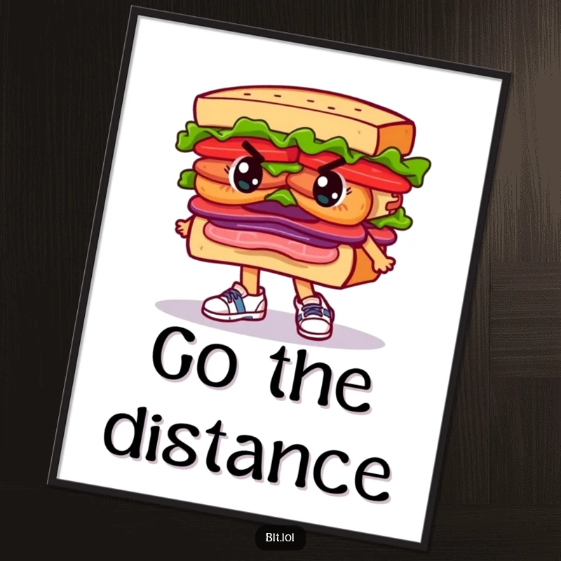 Funny Poster of a determined BLT sandwich character wearing tiny running shoes, poised for action.