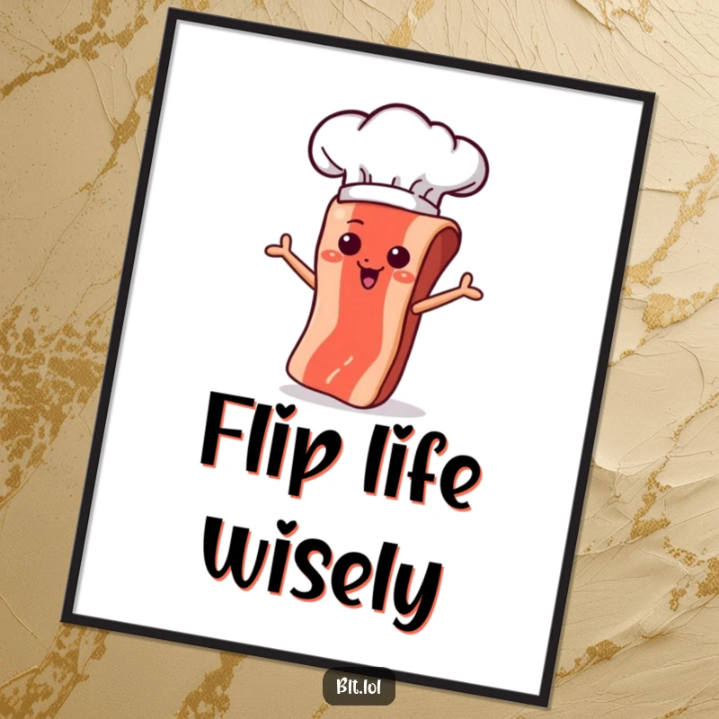 Funny bacon strip wearing a chef hat, executing a perfect flip in a pan, on a vibrant poster.