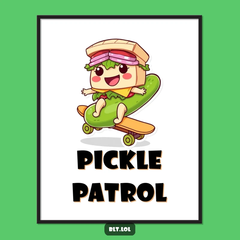 Funny Riding BLT Sandwich Poster: Pickle Skateboard Art Print, Gift Idea