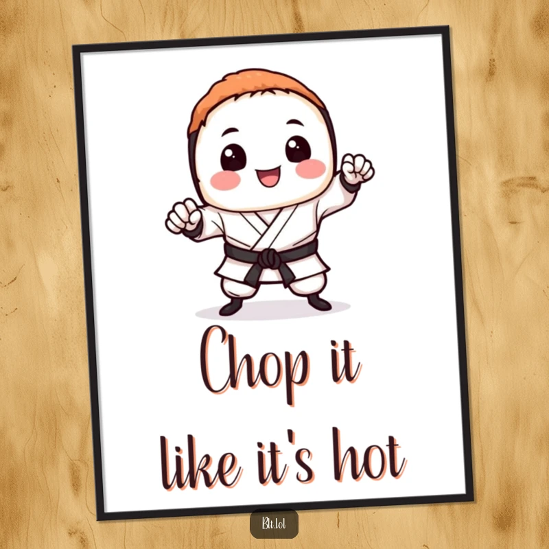 Funny sushi poster featuring a smiling sushi roll in a dynamic karate chop pose, bringing action and humor to decor.