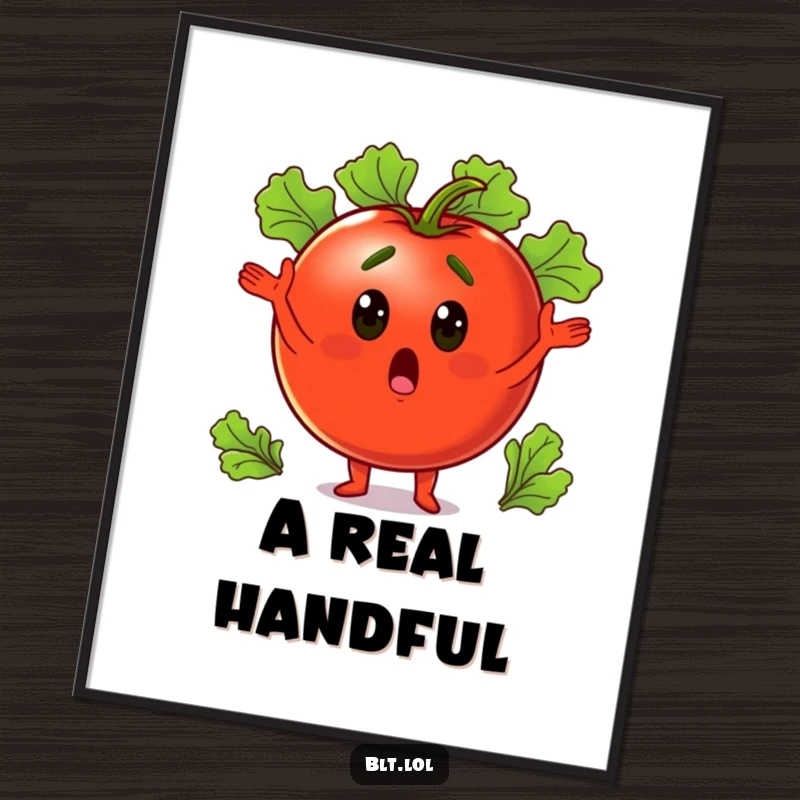 Funny surprised tomato juggling lettuce leaves, rendered as charming wall art, bringing veggie humor to any room.