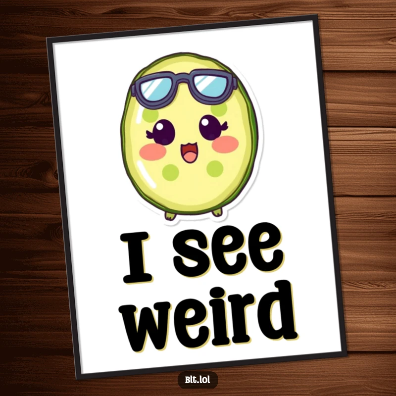 Funny pickle slice character with wide eyes and small goggles, expressing pure shock on a vibrant poster.