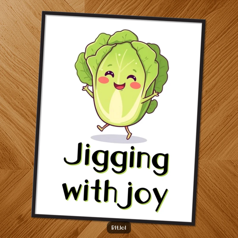 Funny Poster depicting a smiling lettuce slice with tiny feet energetically performing a joyful jig, full of life.