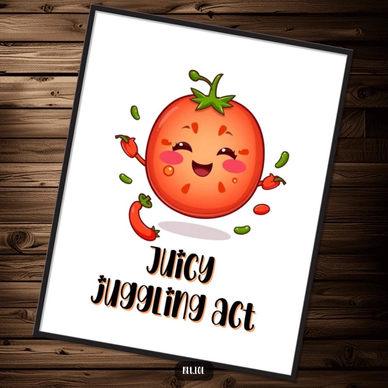 Funny tomato slice jovially juggling pepper seeds, rendered as vibrant wall art poster, adding humor to any room.