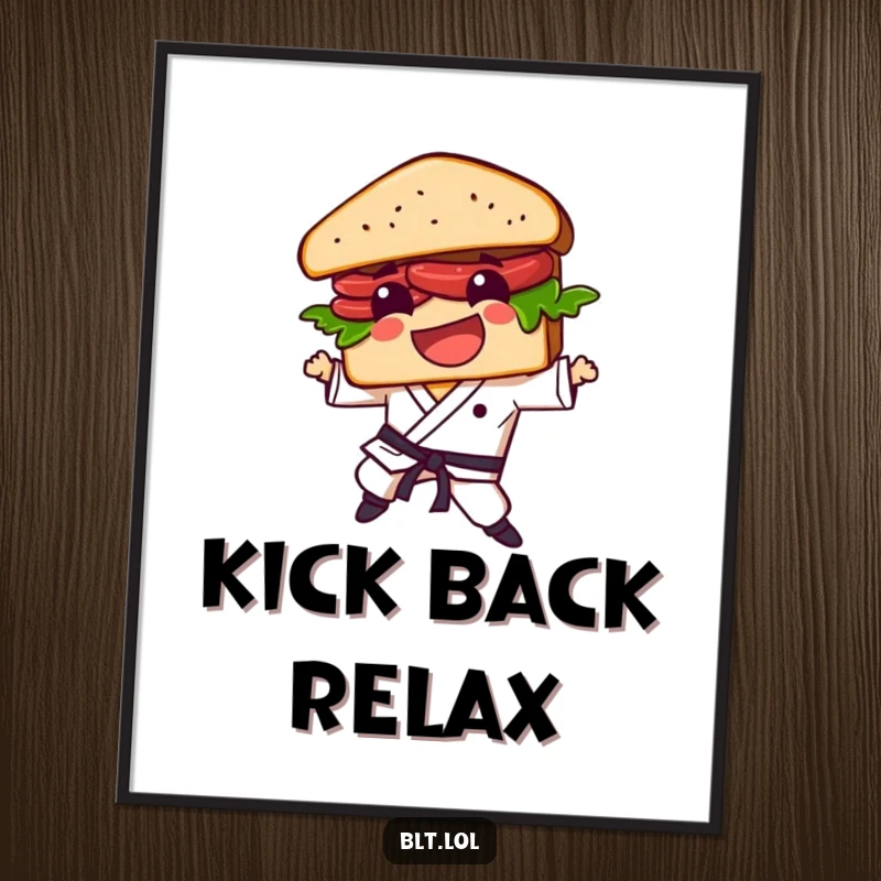 Funny BLT sandwich character in a dynamic karate pose, showcased on a vibrant poster to add humor to any room.
