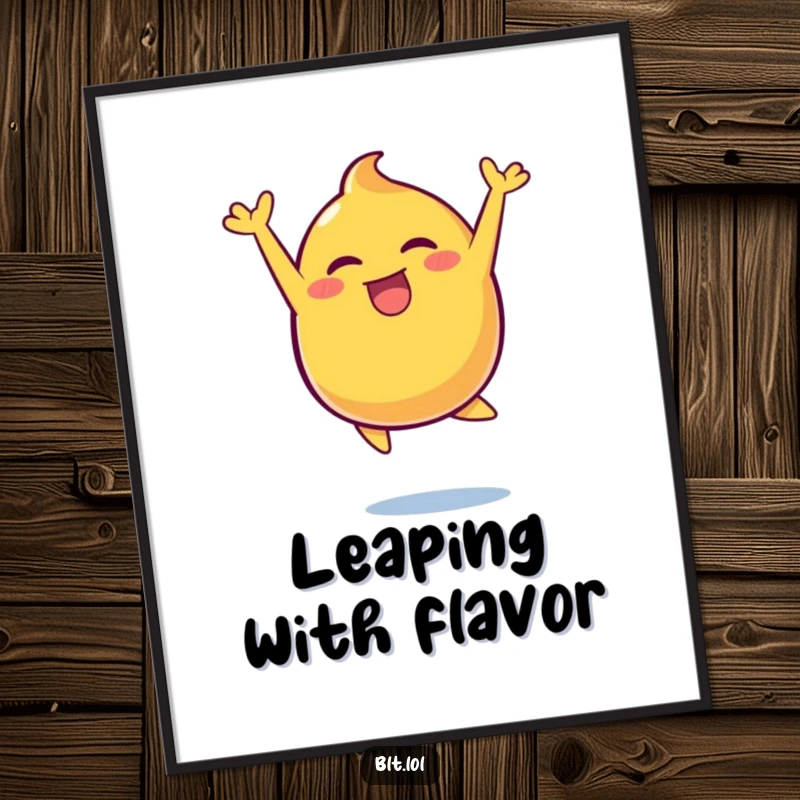 Funny mustard blob captured in a joyous leap, presented as eye-catching wall art poster for a dose of cheer.