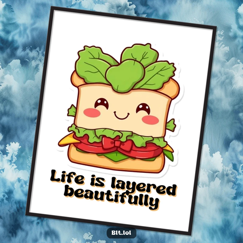 Funny BLT Sandwich Poster: A smiling BLT character with a lettuce head in a bow, bringing whimsical and humorous food art to life.