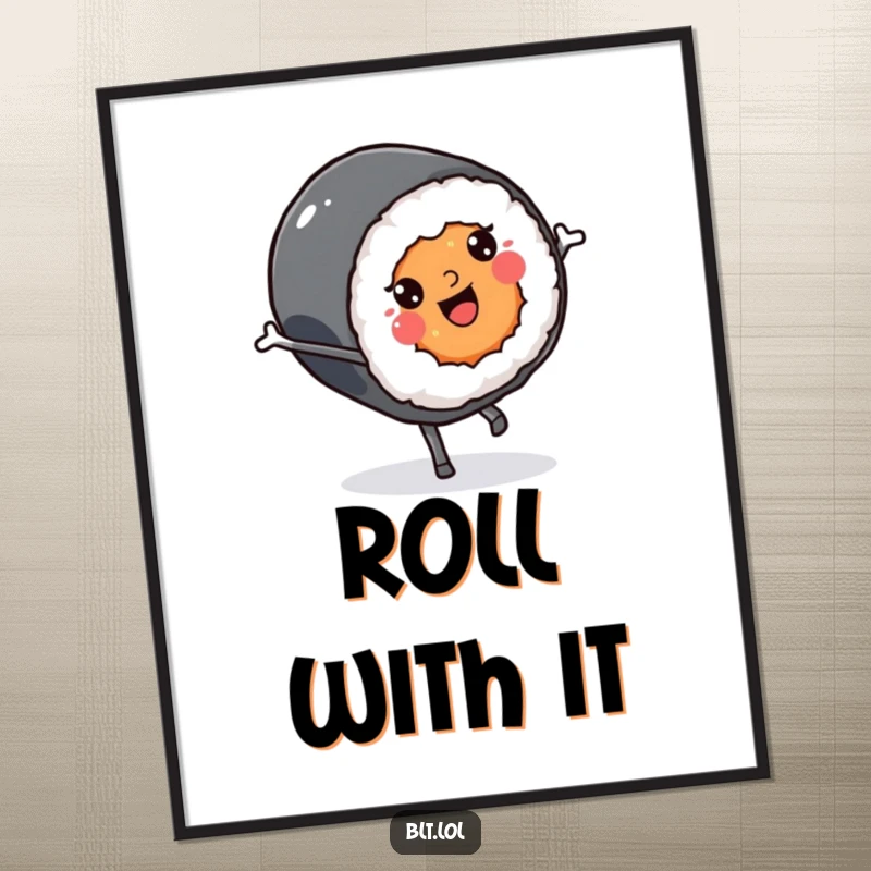 Funny smiling Kawaii sushi roll character doing a cartwheel, featured as wall art, perfect for kitchens or playrooms.