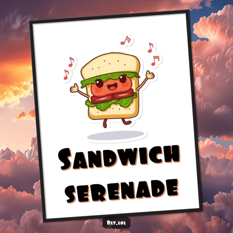 Funny Dancing BLT Sandwich Poster, a food character dancing joyfully with musical notes, a colorful and lively wall art, great gift.