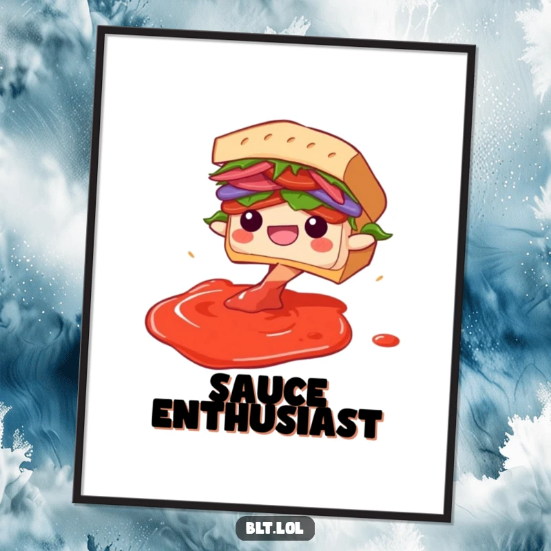 Funny Diving BLT Sandwich Poster: A humorous illustration of a BLT sandwich gleefully plunging into an imaginary pool of sauce.