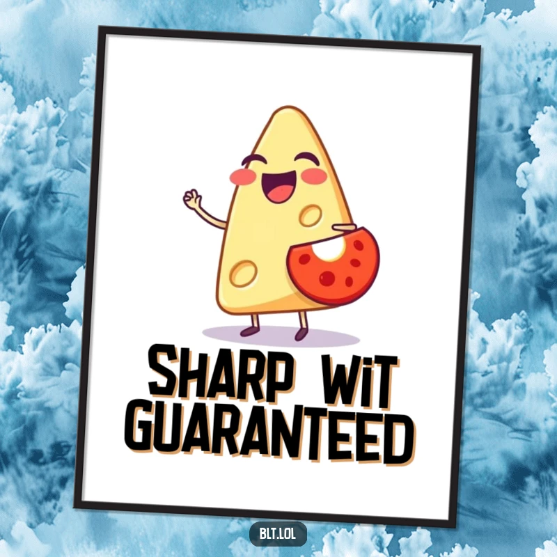 Funny poster of a laughing anthropomorphic cheese slice balancing a tiny tomato, adding cheerful foodie vibes to any room.