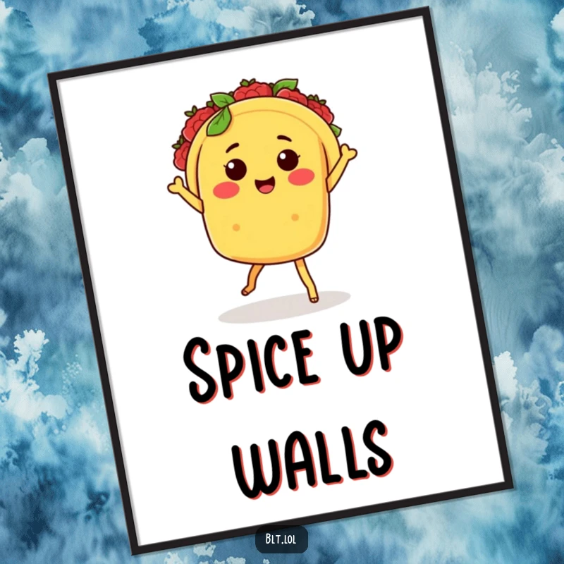 Funny Kawaii taco character with tiny legs dancing the salsa, presented as eye-catching wall art, ideal for home decor.