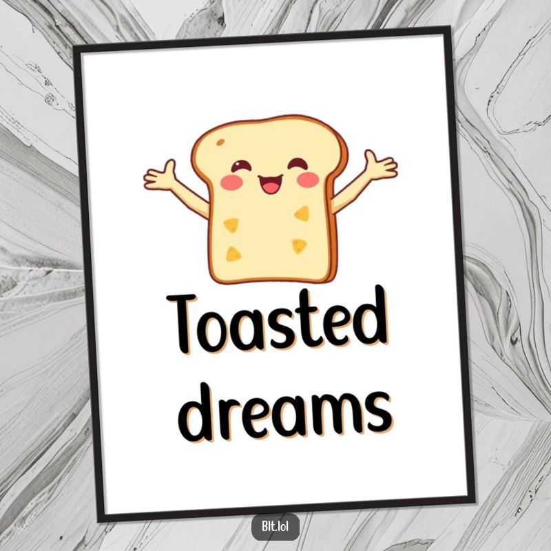 Funny Poster depicting a happy bread slice with arms wide, balancing a small cheese slice, celebrating simple food joy.