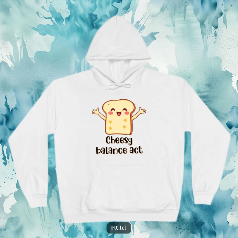 Funny Hoodie with a happy bread slice balancing a small cheese slice, with arms flung wide in pure delight.