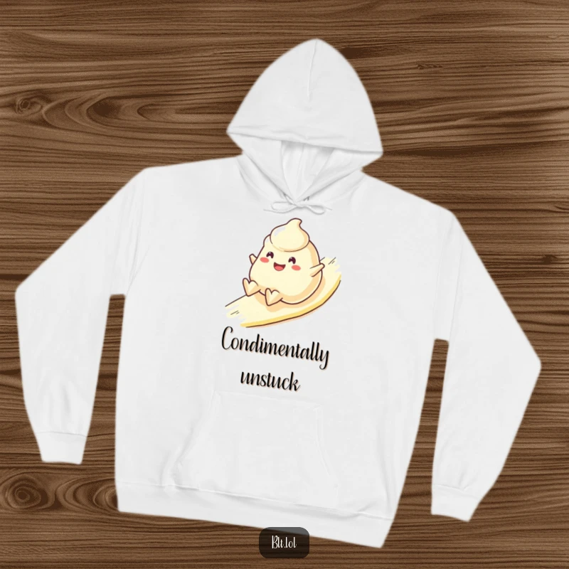 Funny Hoodie showcasing a cheerful mayonnaise blob character sliding downhill happily, a warm and humorous food apparel.