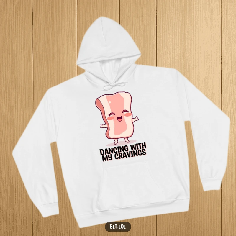 Funny giggling bacon hoodie featuring a dancing character, offering ultimate comfort and a dash of playful humor.