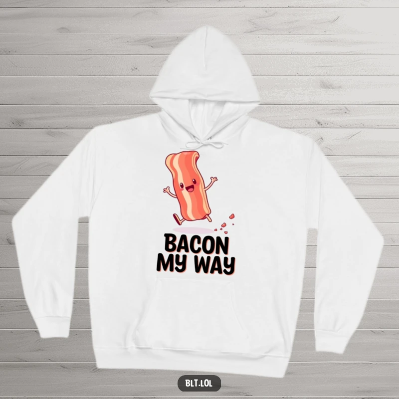 Funny hoodie featuring an energetic anthropomorphic bacon strip doing a cartwheel and leaving crumbs, for cozy, humorous wear.