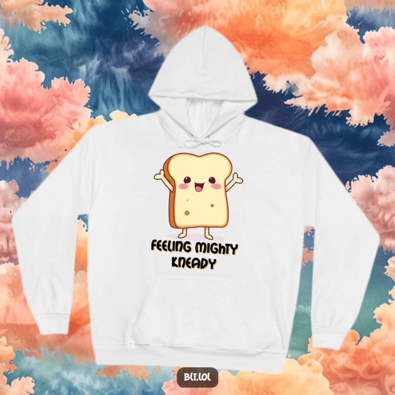 Funny hoodie with a joyful anthropomorphic bread slice with arms raised, offering warm, cheerful comfort.