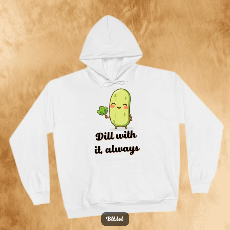 Funny hoodie depicting a smiling anthropomorphic pickle winking and holding a small lettuce leaf, ideal for cozy, humorous wear.