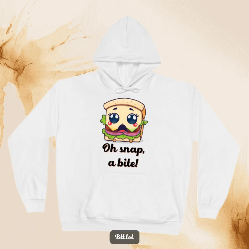 Funny Hoodie featuring a BLT sandwich character with wide, surprised eyes as it gets a bite taken, exuding comical shock.