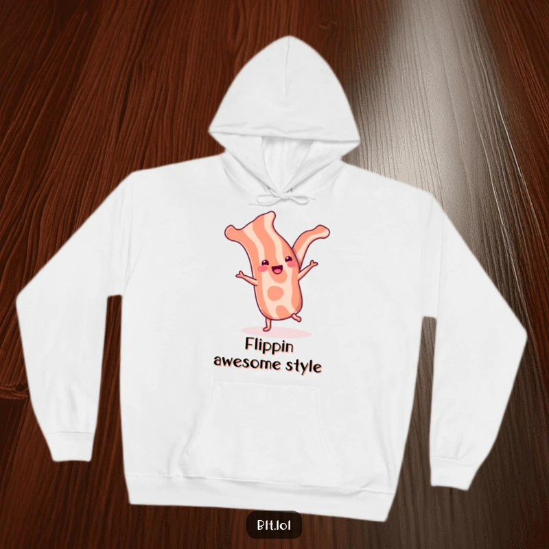 Funny bacon strip hoodie featuring a cheerful strip doing a cartwheel, offering warmth and breakfast-themed joy.