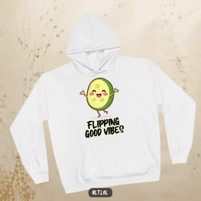 Funny pickle slice doing a cartwheel, radiating energy and happiness, this comfortable hoodie is a fun addition to any wardrobe.