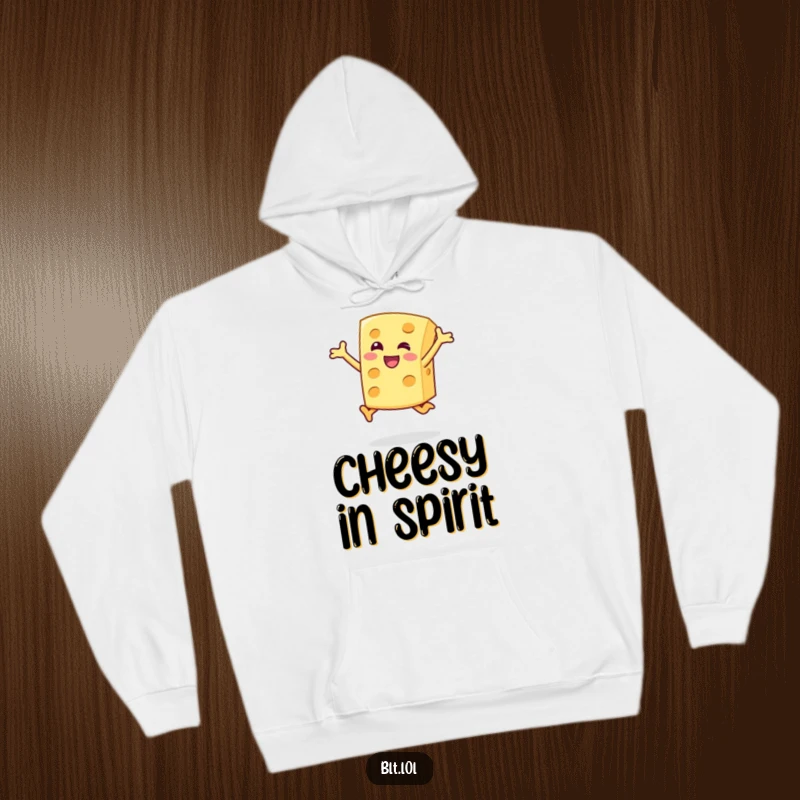 Funny Hoodie showcasing a happy cheese slice character doing a joyful jump, a warm and humorous food apparel.