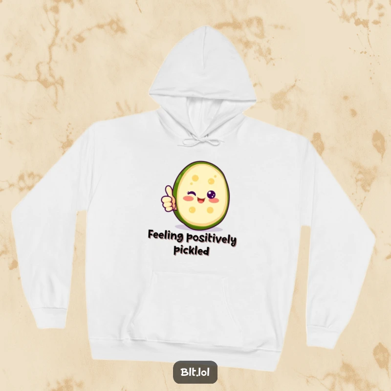 Funny happy pickle slice giving a thumbs up on a hoodie, offering cozy comfort and positive humor for a funny gift.