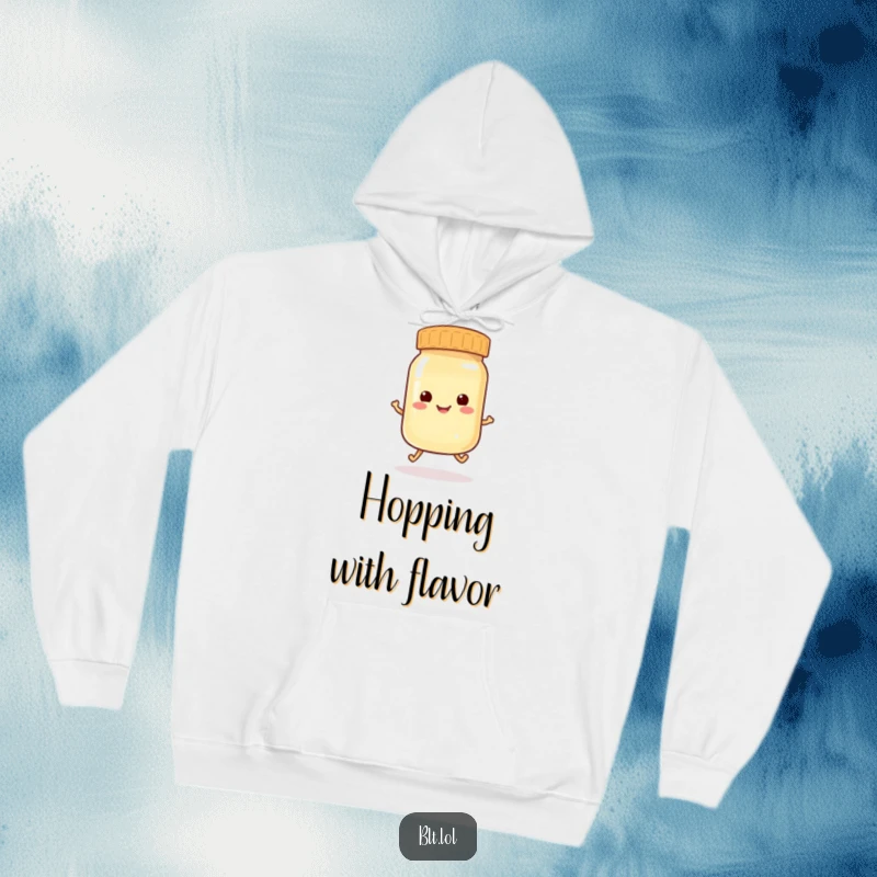 Funny anthropomorphic mayonnaise jar doing a playful hop, a warm and humorous hoodie design.