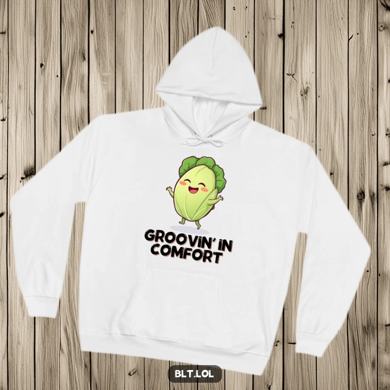 Funny lettuce leaf hoodie featuring a giggling leaf doing a silly dance, offering warmth and veggie-themed amusement.