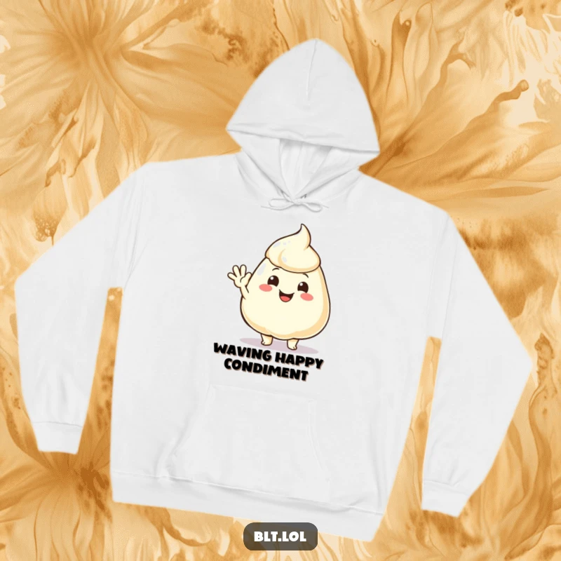 Funny, smiling mayonnaise dollop waving cheerfully on a soft, cozy hoodie, radiating warmth.