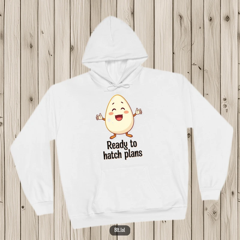 Funny, excited anthropomorphic egg character enthusiastically waving, a warm and humorous hoodie design.