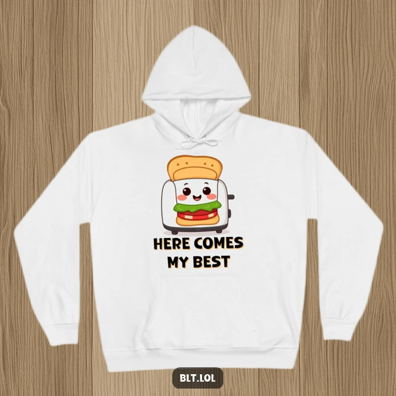 Funny Hoodie depicting a smiling BLT sandwich character joyfully popping out of a toaster, exuding breakfast cheer and comfort.