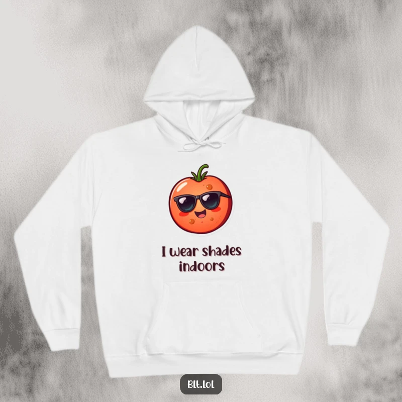 Funny tomato slice with sunglasses on a hoodie, providing cozy warmth and cheerful style for a funny gift.