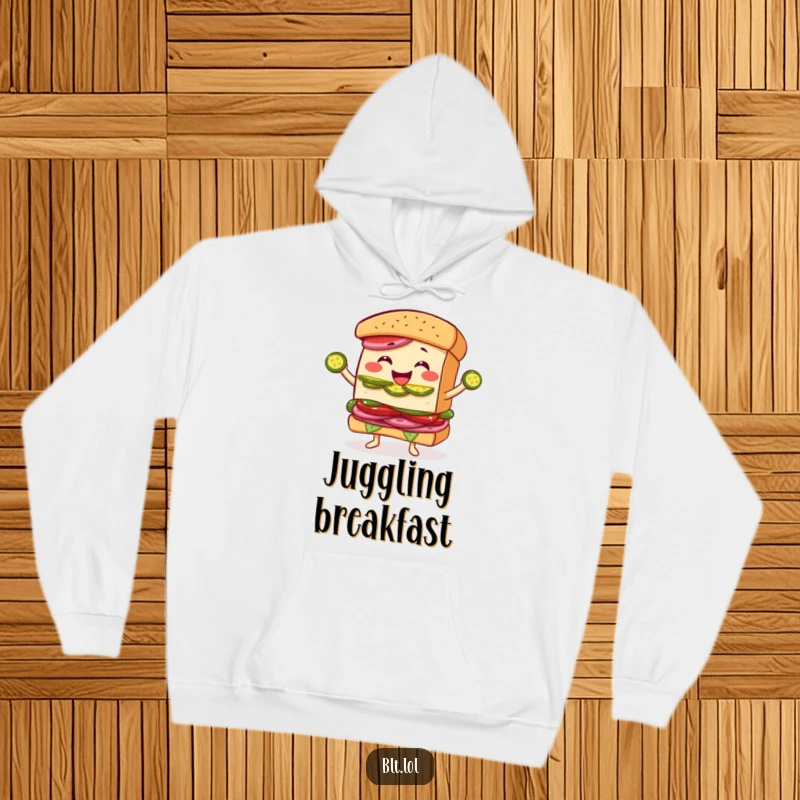 Funny Juggling BLT Sandwich Hoodie: A warm hoodie showcasing a BLT character's joyful pickle juggling, bringing humor and comfort.